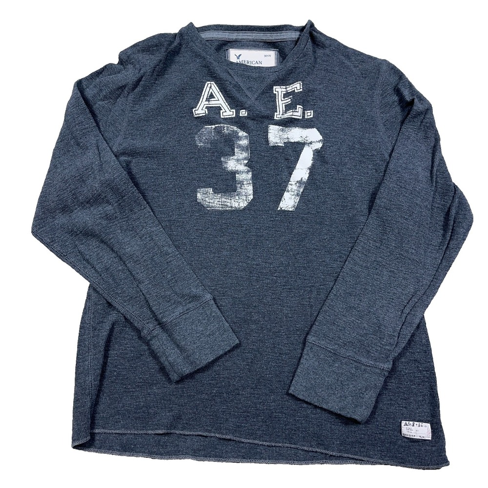 Vintage Y2K American Eagle Shirt Men Large Gray Thermal Waffle Knit Jersey Rugby